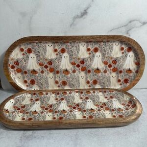 Wooden Halloween Ghost and Pumpkin Tray